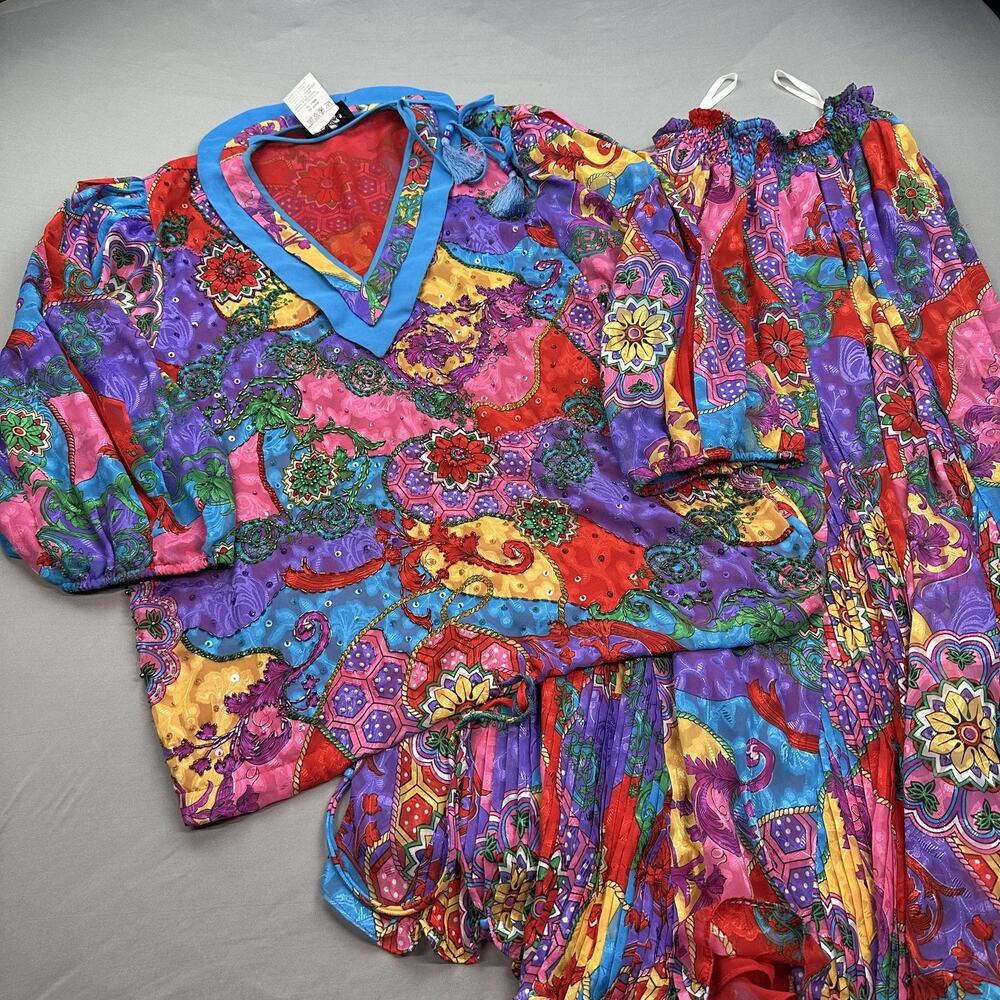 VTG Diane Freis Skirt Blouse Set Womens Medium Multicolor Boho Beaded Sequin 80s